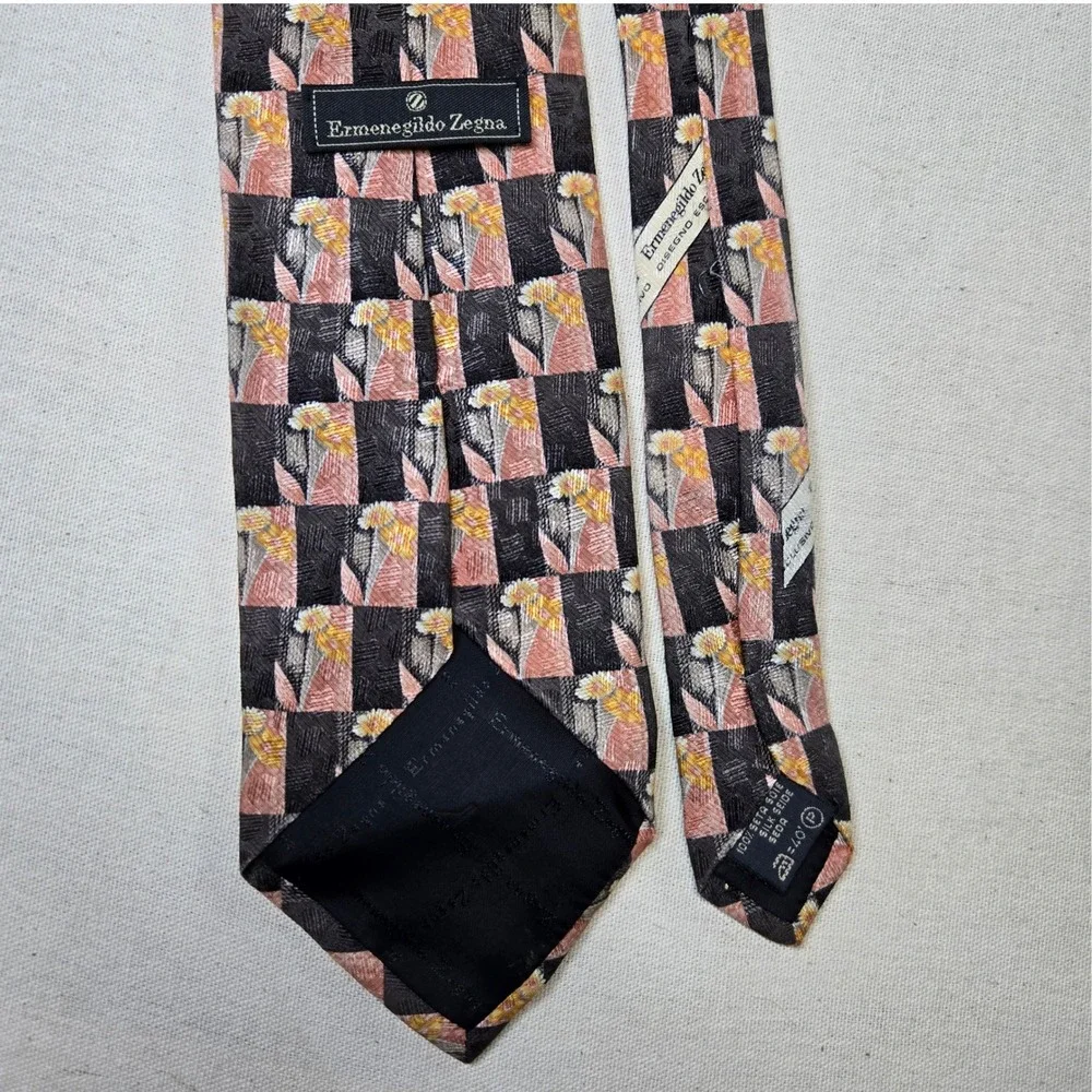 Ermenegildo Zegna Vintage 1990s Silk Tie‎ Checkered Floral Made Italy Designer